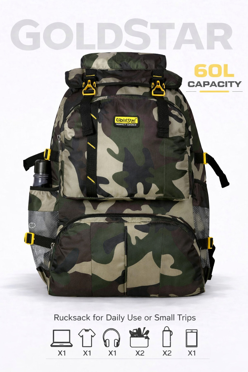 Image of Goldstar Goldstarbags MILITARY CAMP TRKKING BAGS WITH Climate proof Trail-Head Mountain Trekking & Hiking / Camping Backpack 60 Ltrs Rucksack bags with high quality product used in (MILITARY, Backpack) Rucksack - 60 L