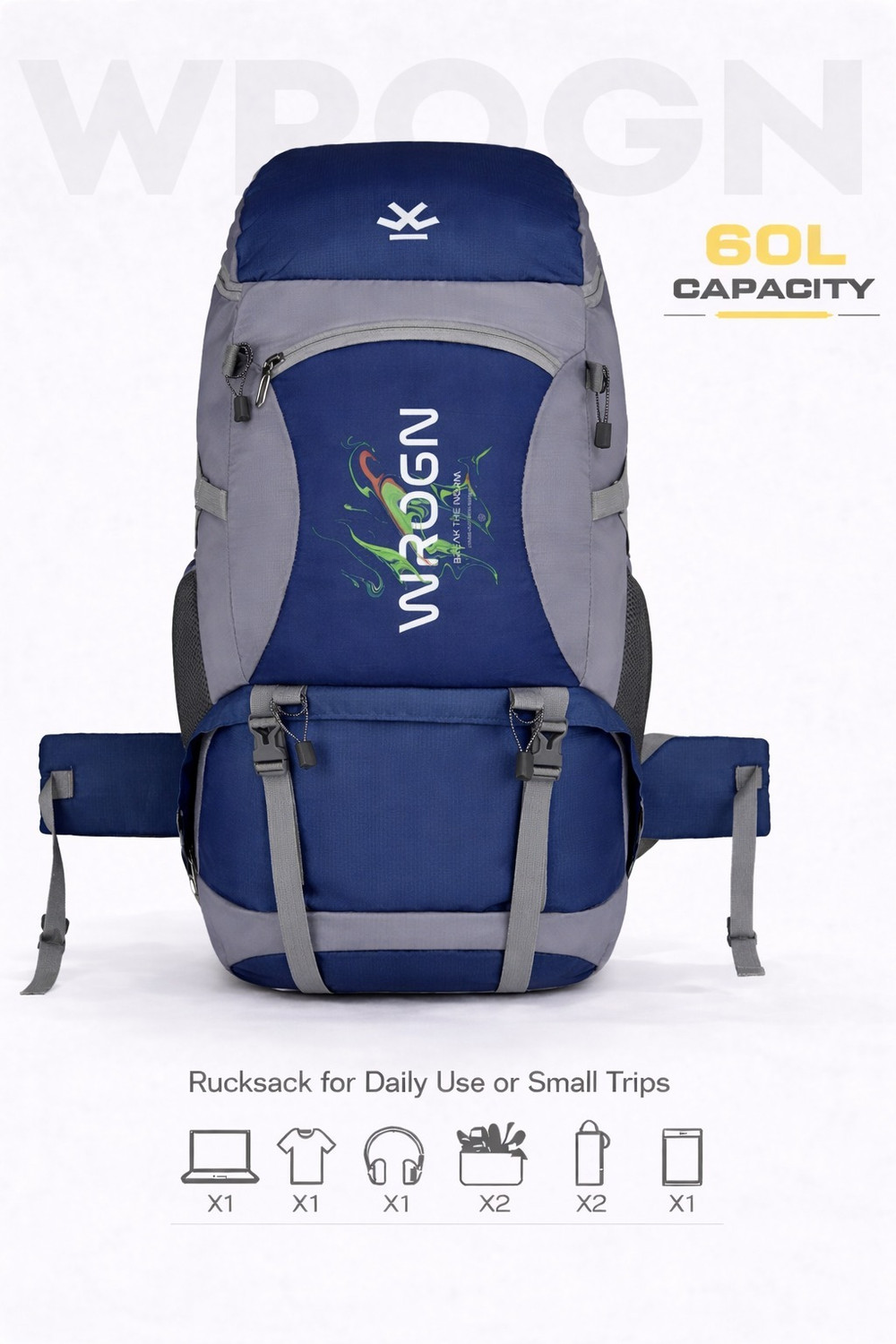 Image of WROGN 60LTravel Rucksack Backpack for Trekking Hiking Camping withMultiple Compartment Rucksack - 60 L