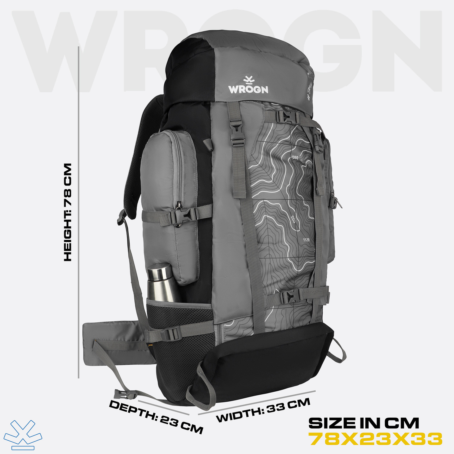 Image of WROGN Trekking Rucksack Water Resistant Hiking Backpack TopographicPrint Padded Straps Rucksack - 75 L