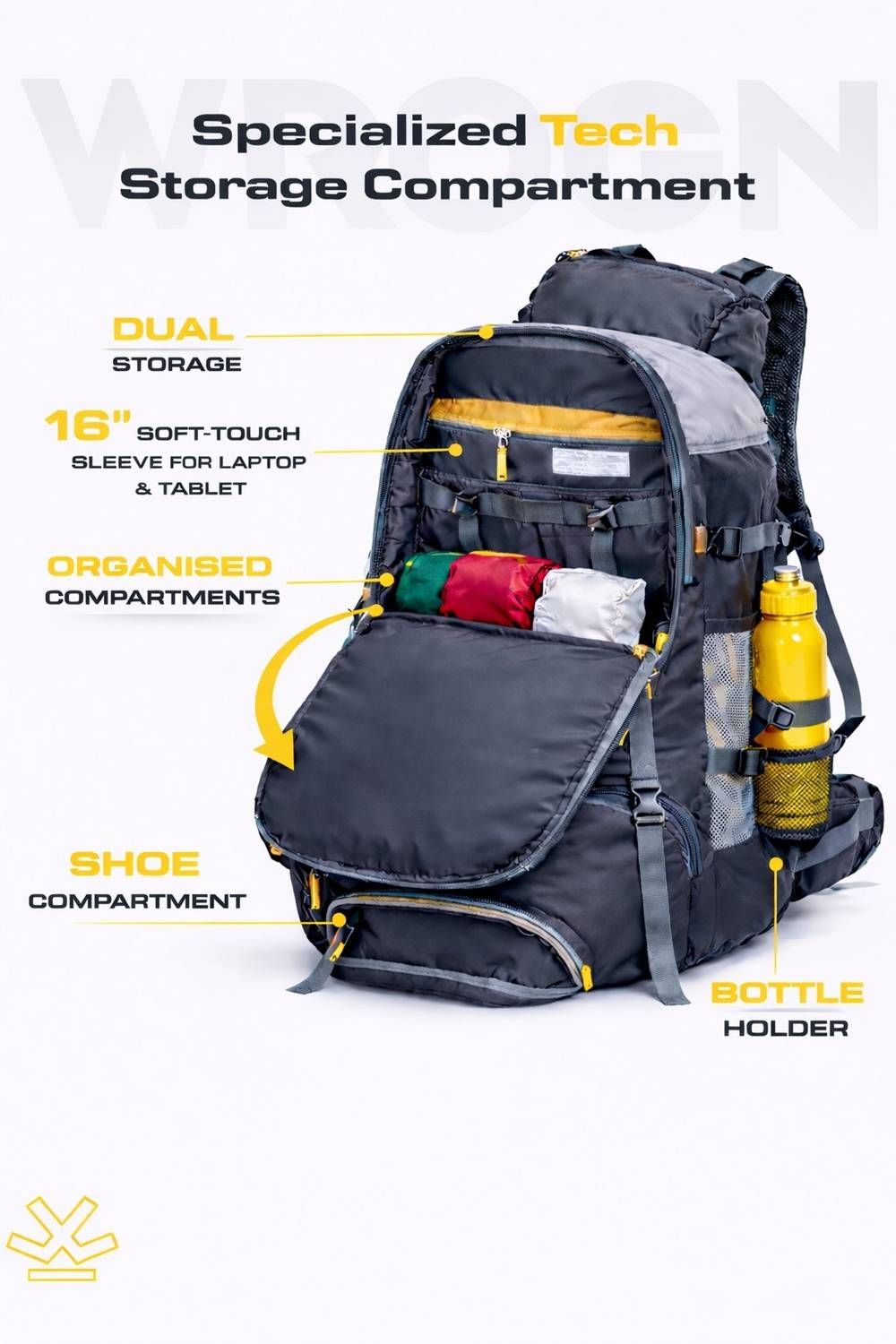 WROGN GTIER 65L Trekking Rucksack with Shoes Compartment and Raincover - Image 5
