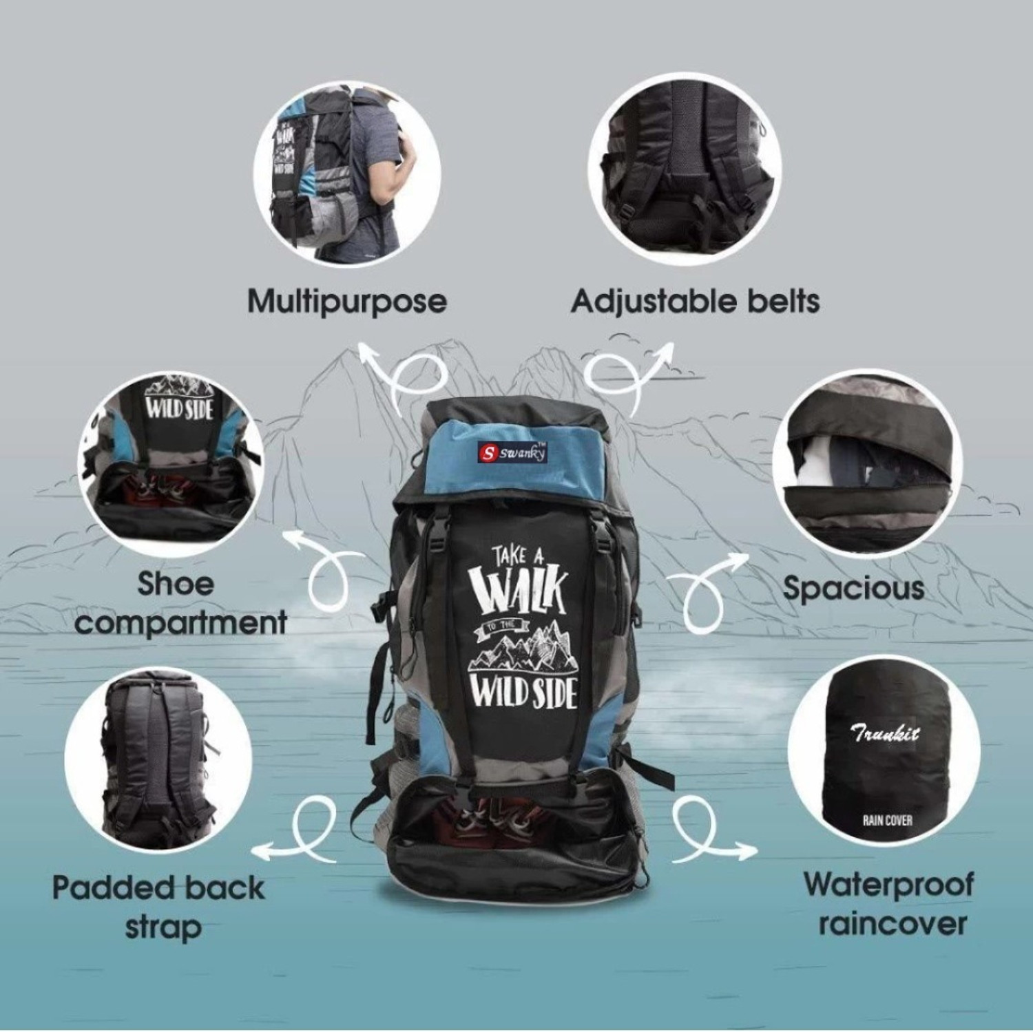 Image of Swanky Mount Trekking Rucksack Backpack Luggage for Travel Hiking Bags Women Men Bag Rucksack - 55 L
