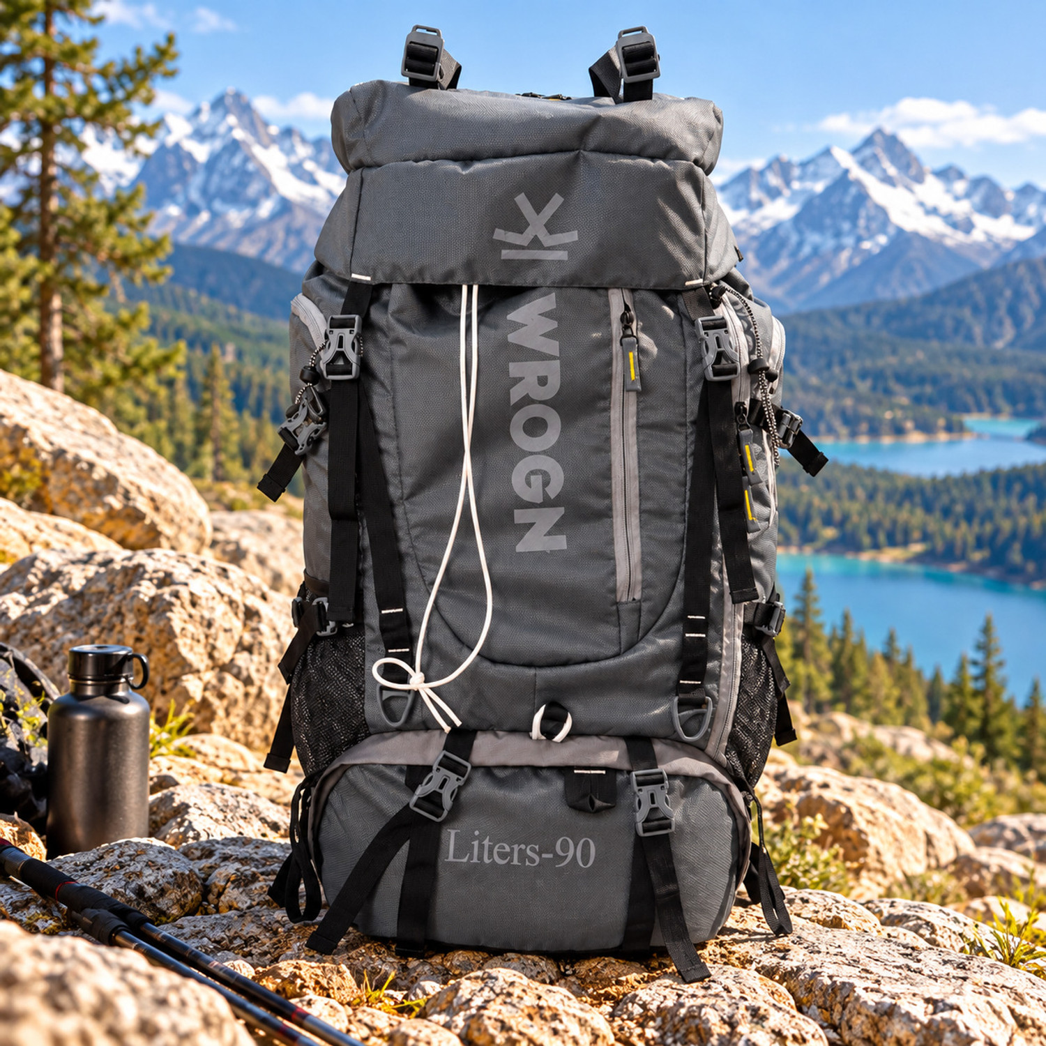 Image of WROGN 90L Trekking Backpack for Men & Women, Large Hiking Travel Rucksack, Grey Rucksack - 90 L (Grey)