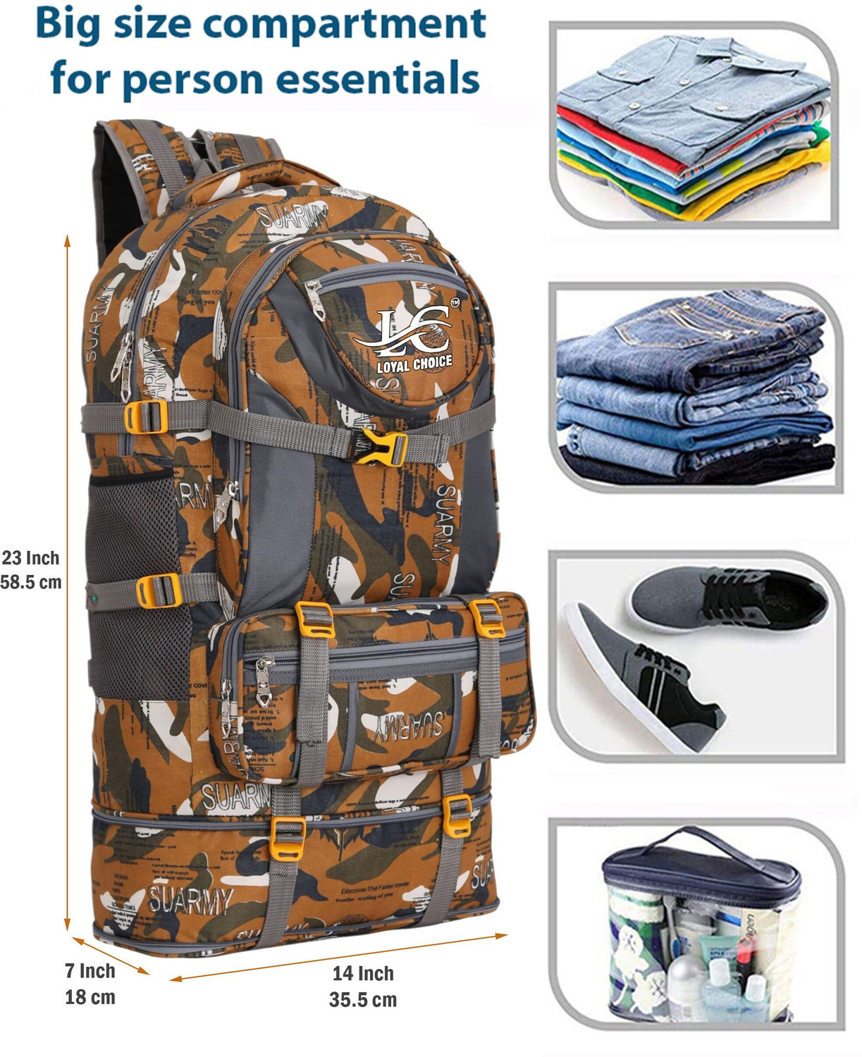 Image of LOYAL CHOICE Expandable Travel Outdoor Sport Camping Hiking TrekkingBagRucksack-55 L Rucksack - 55 L