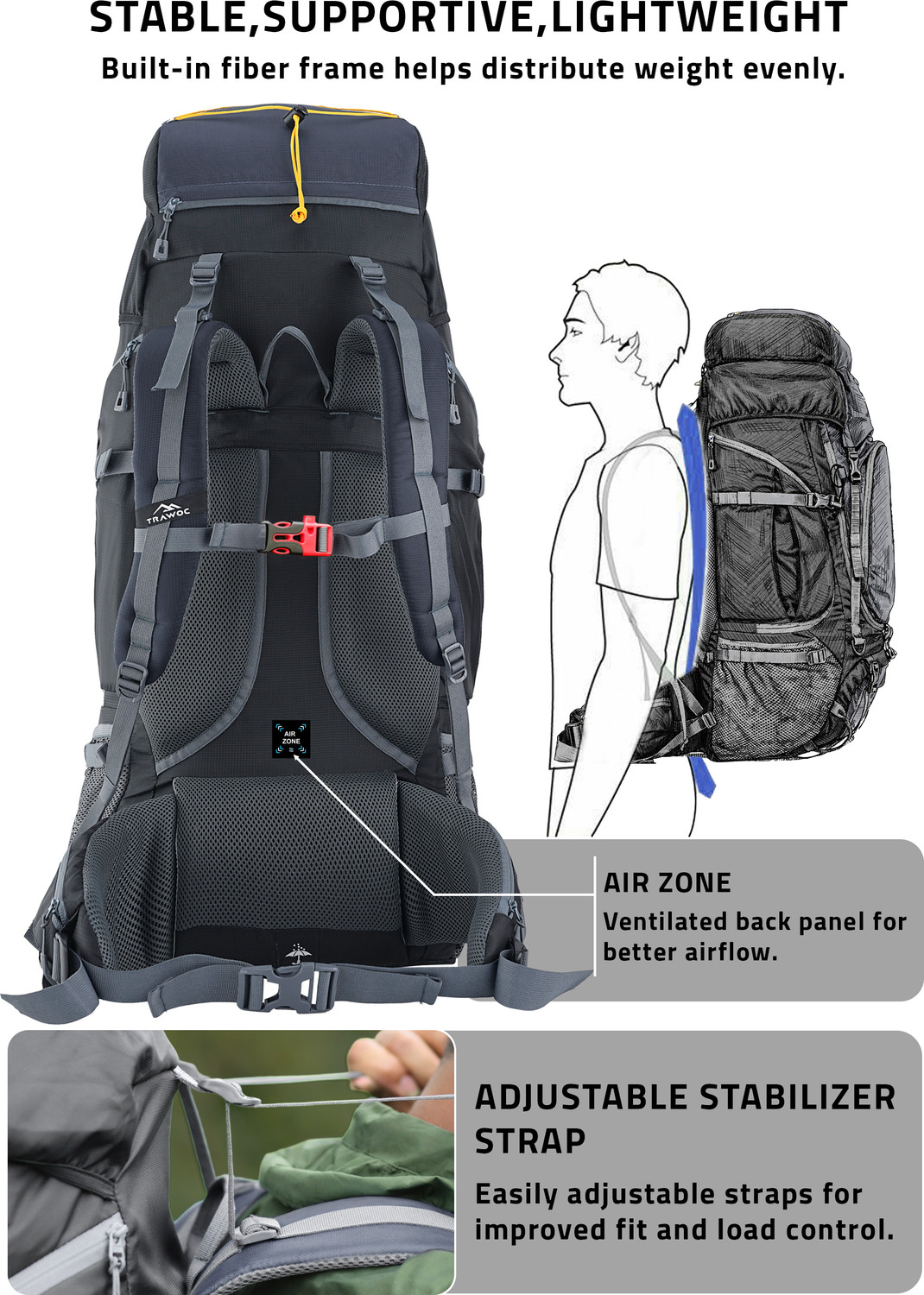Image of TRAWOC VALOR MAX 75L Travel Backpack Camping Hiking Bag Rain Cover Shoe Compartment Rucksack - 75 L