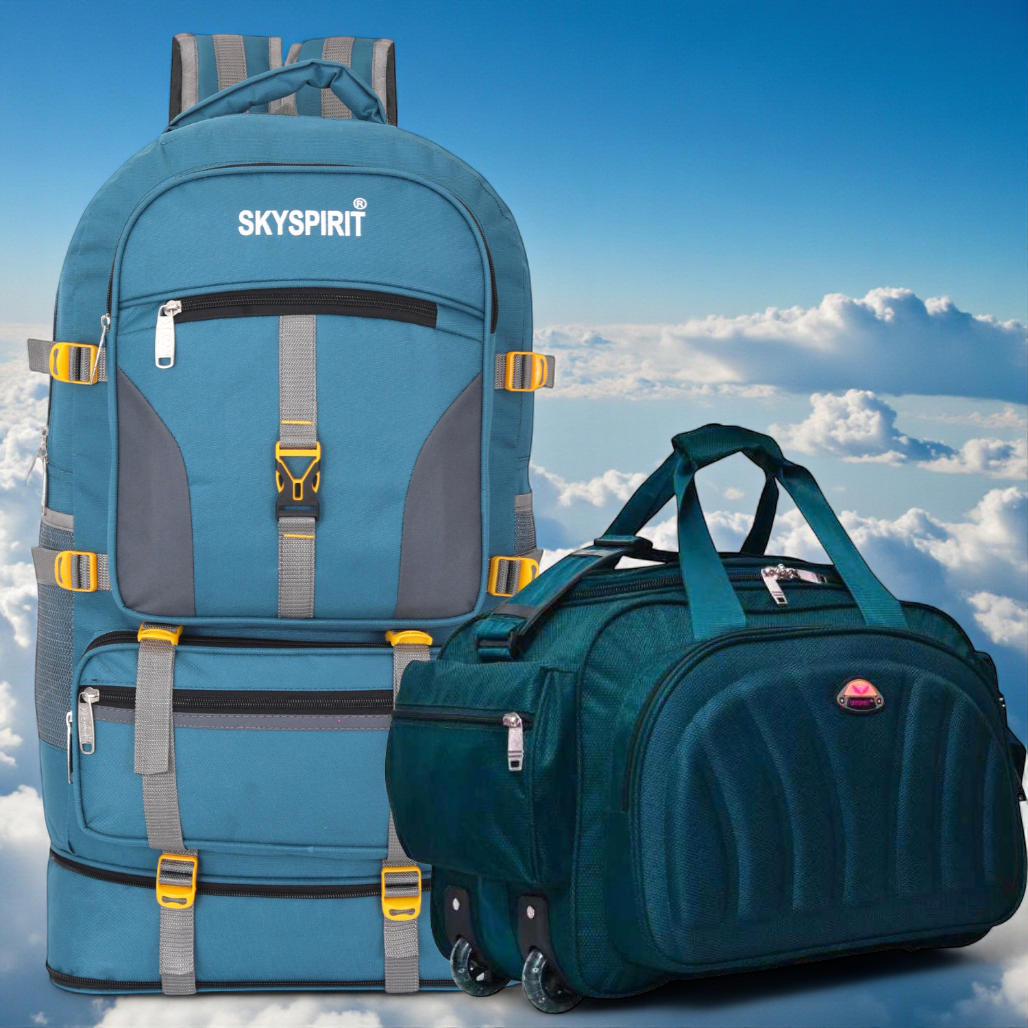 Image of sky spirit Outdoor Travel Bag Combo | Rucksack + Duffle with Wheels Pack Of 2 Rucksack - 70 L