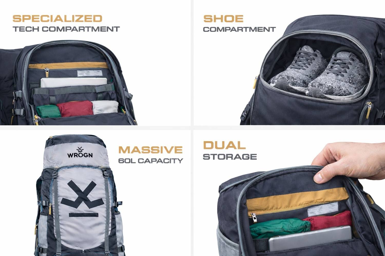 WROGN GTIER 65L Trekking Rucksack with Shoes Compartment and Raincover - Image 3
