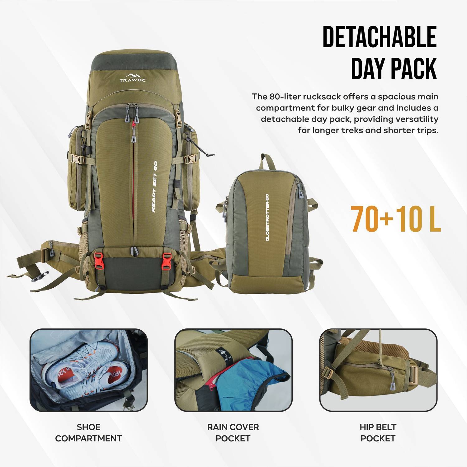 80 l frame backpack with/ hip belt and rain cover Trawoc Travel with Detachable Daypack (70+10Ltr) | Laptop Sleeve, & Shoe Compartment Ergonomically Decompression Design 80l Travel Hiking Camping Backpack