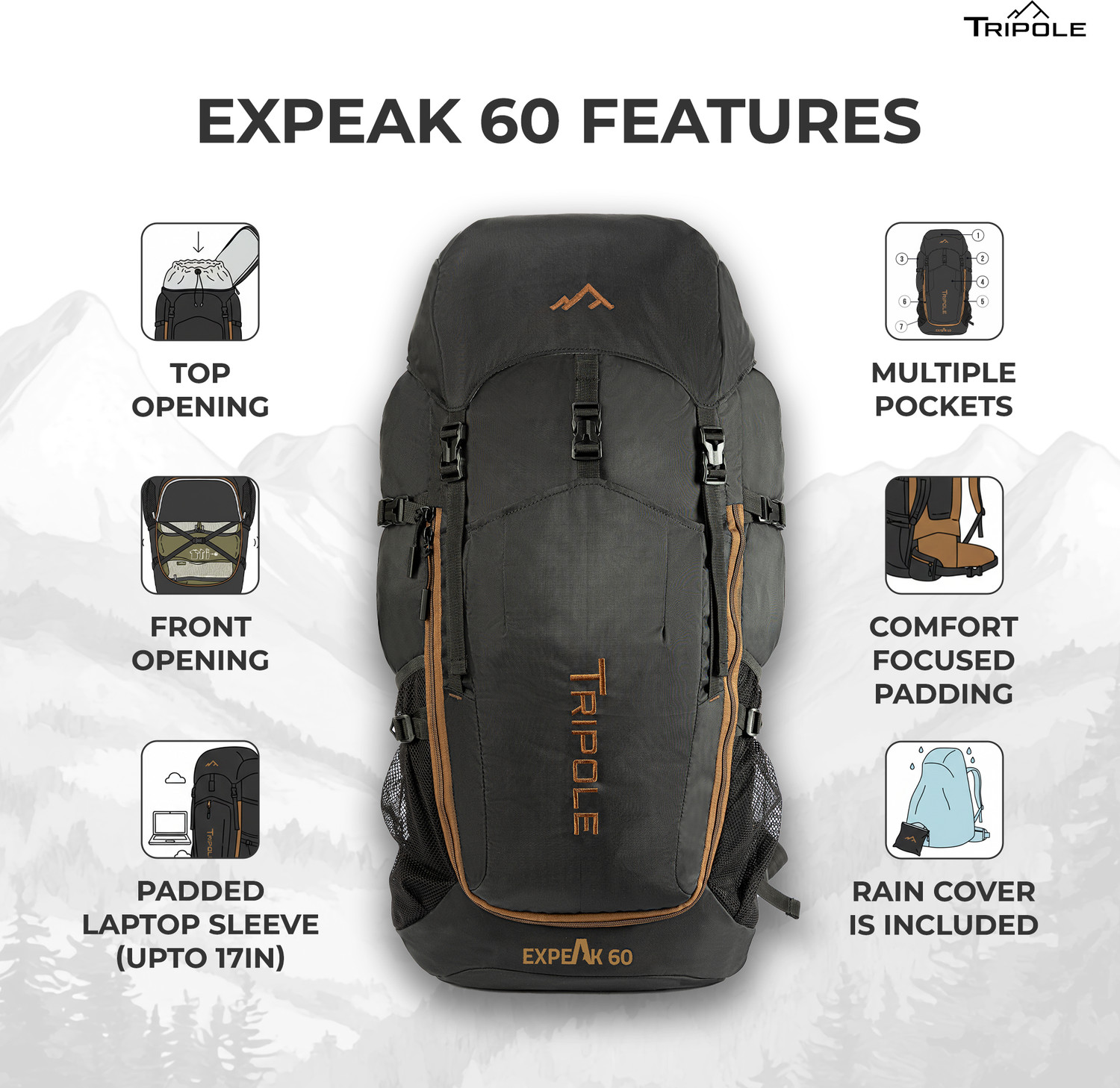 Image of Tripole Expeak 60L Rucksack Bag | Front Opening, Laptop Compartment & Raincover Rucksack - 60 L