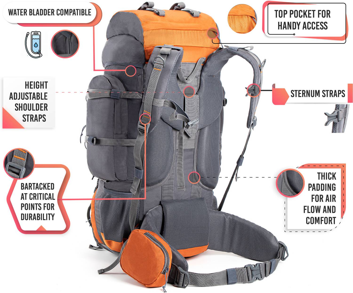 Tripole Walker Rucksack 65L Orange - Image 2