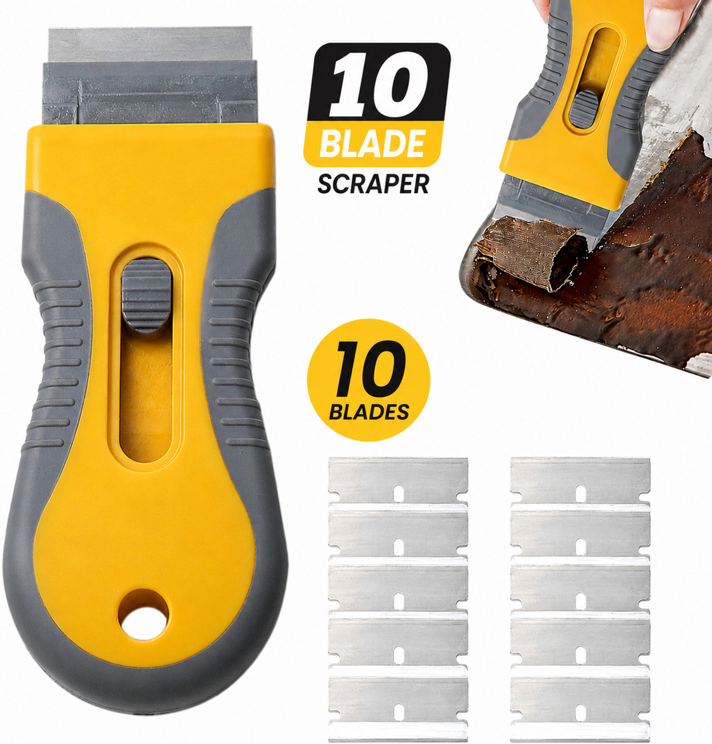 Image of otak Metal Scraper with 10 Pcs Blades - Stain & Glue Removal Tool Rust Removal Solution (50 g)