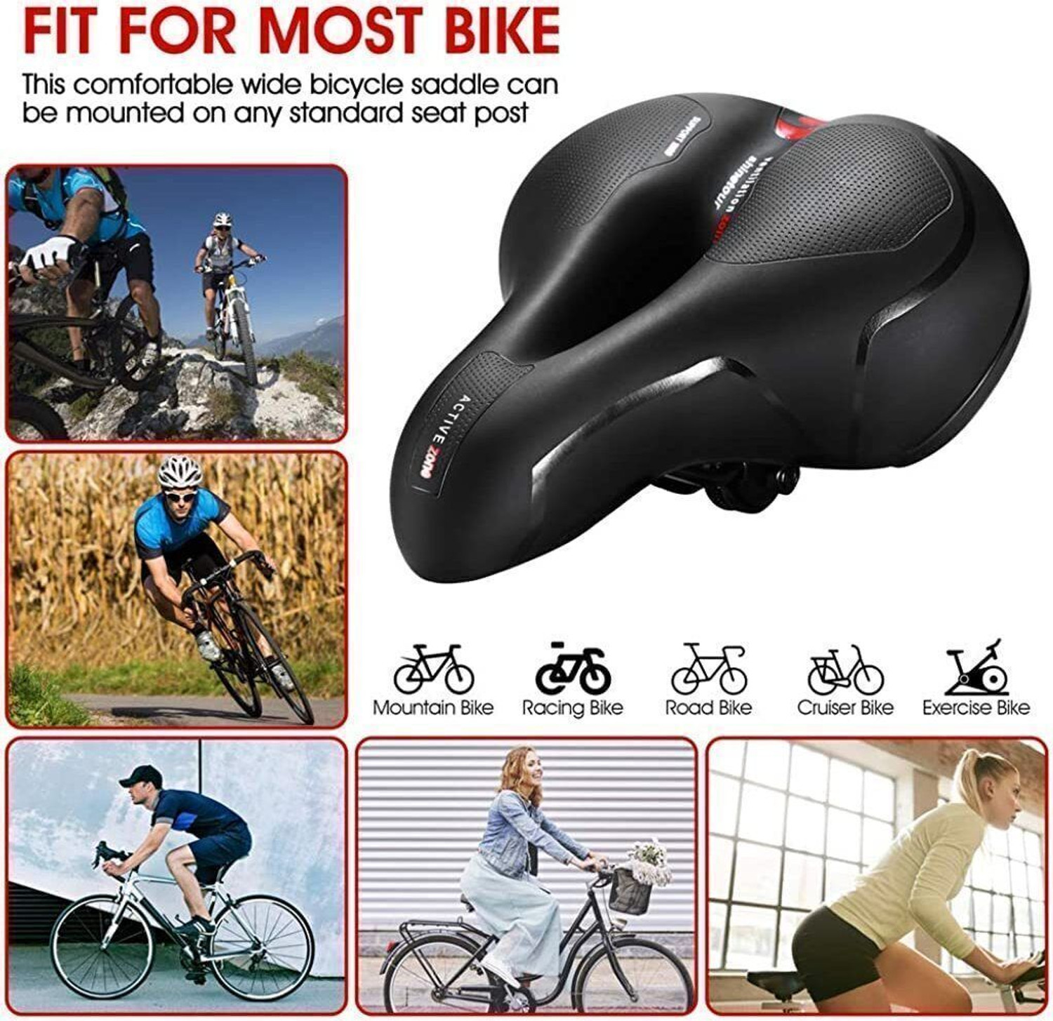 Image of Kv International Cycle Seat with Red Reflective Safety Strip, Universal Memory Foam Bicycle Seat Saddle