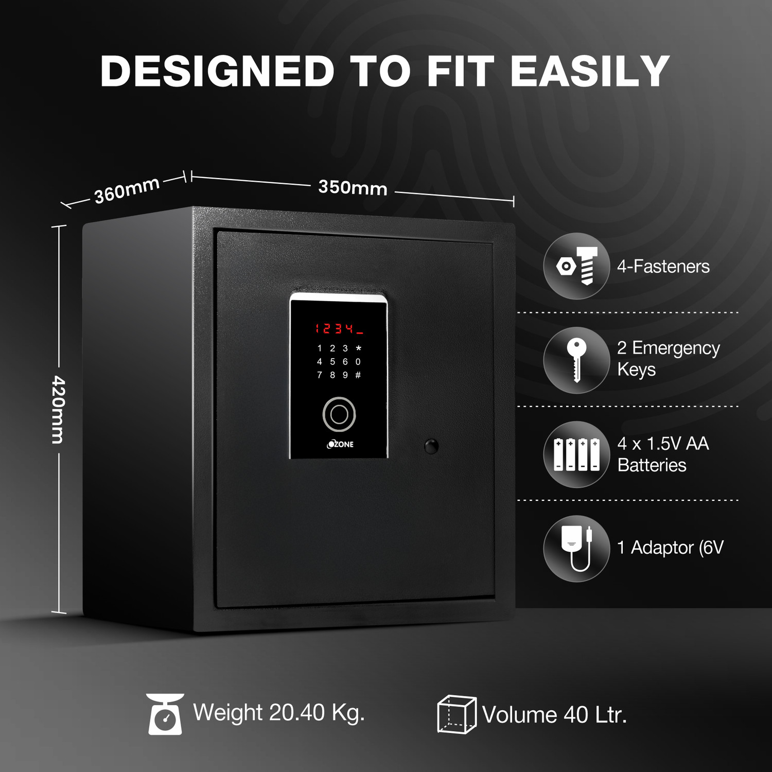 Image of OZONE 40L Fingerprint Safe Locker with 3-in-1 Unlock, 2-Year Warranty, 20.4kg. Safe Locker