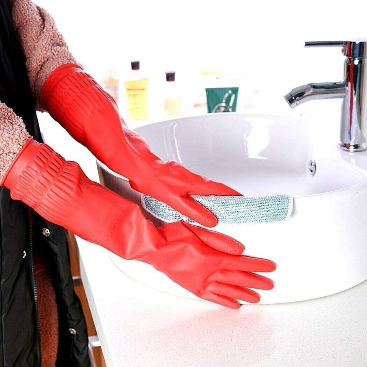 Image of mehta's Hand Protective Safety Red Coloured Rubber Gloves For Women Ledies Special Chemical And Indrustrial Use Multi Purpose Rubber Safety Gloves