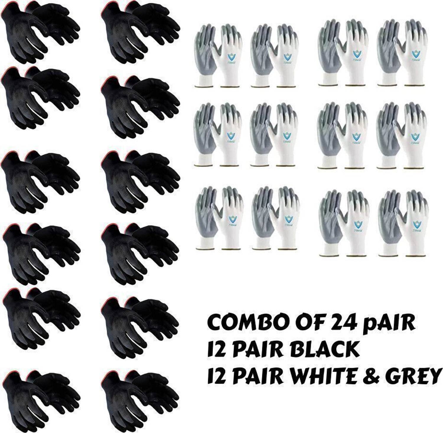 7SHIELD 12 Black & 12 White & Grey PAIR Cut Resistant Hand Safety Gloves Protection Nylon  Safety Gloves