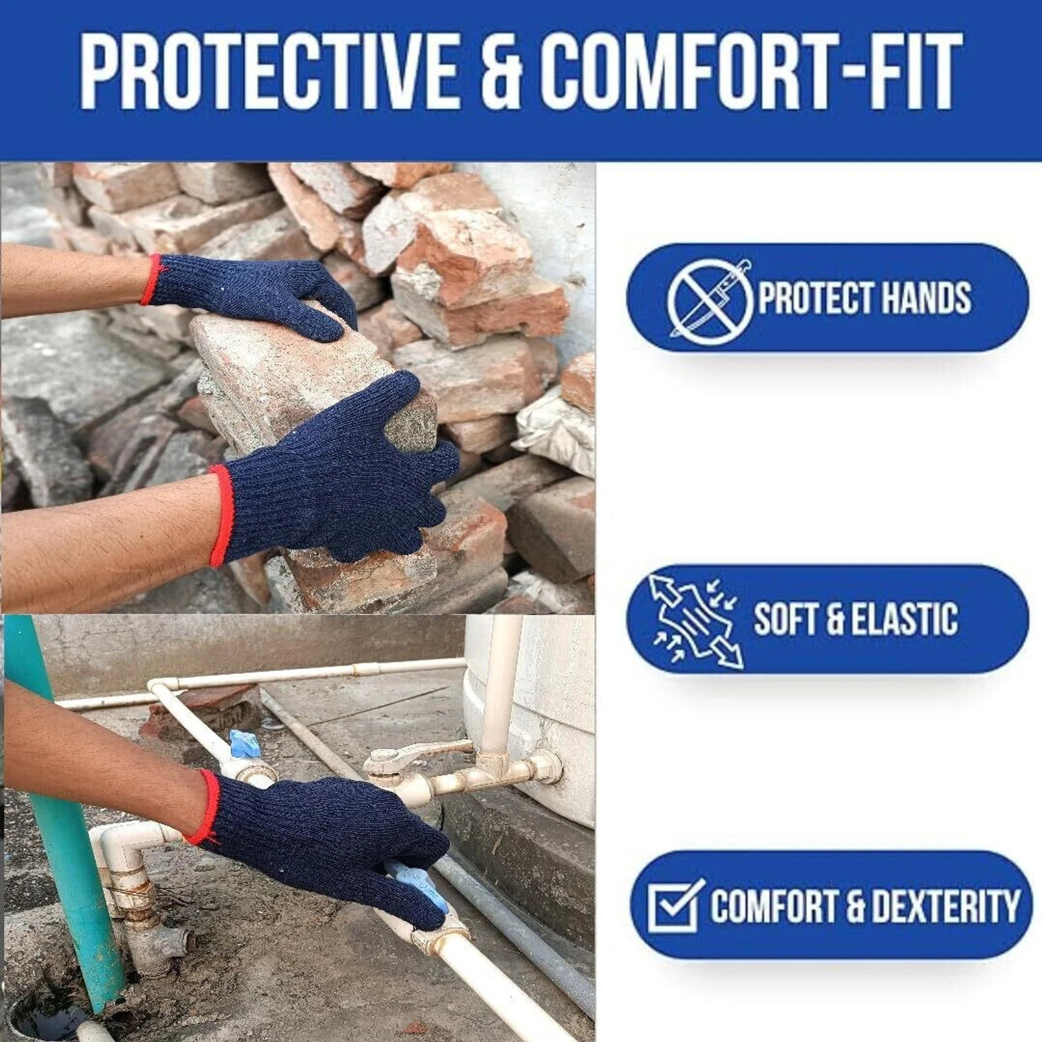 Image of 7SHIELD Blue 100% Cotton Knitted Safety Hand Protection Work Gloves for Mechanic Polyester Safety Gloves