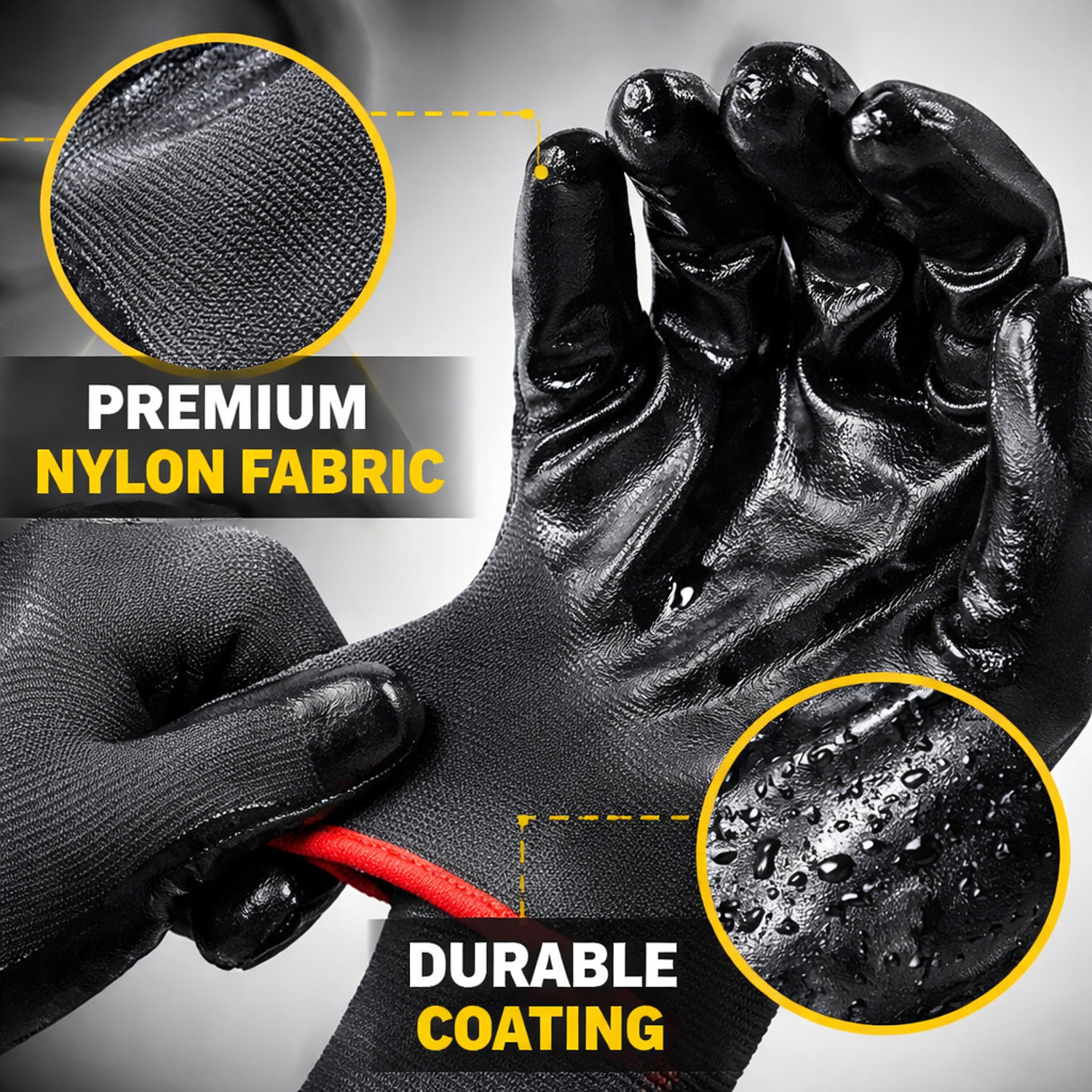 Image of tick mark 5PAIR Durable Black Nylon Rubber-Coated SafetyWorkGloves ForIndustrial,Gardening Nylon Safety Gloves