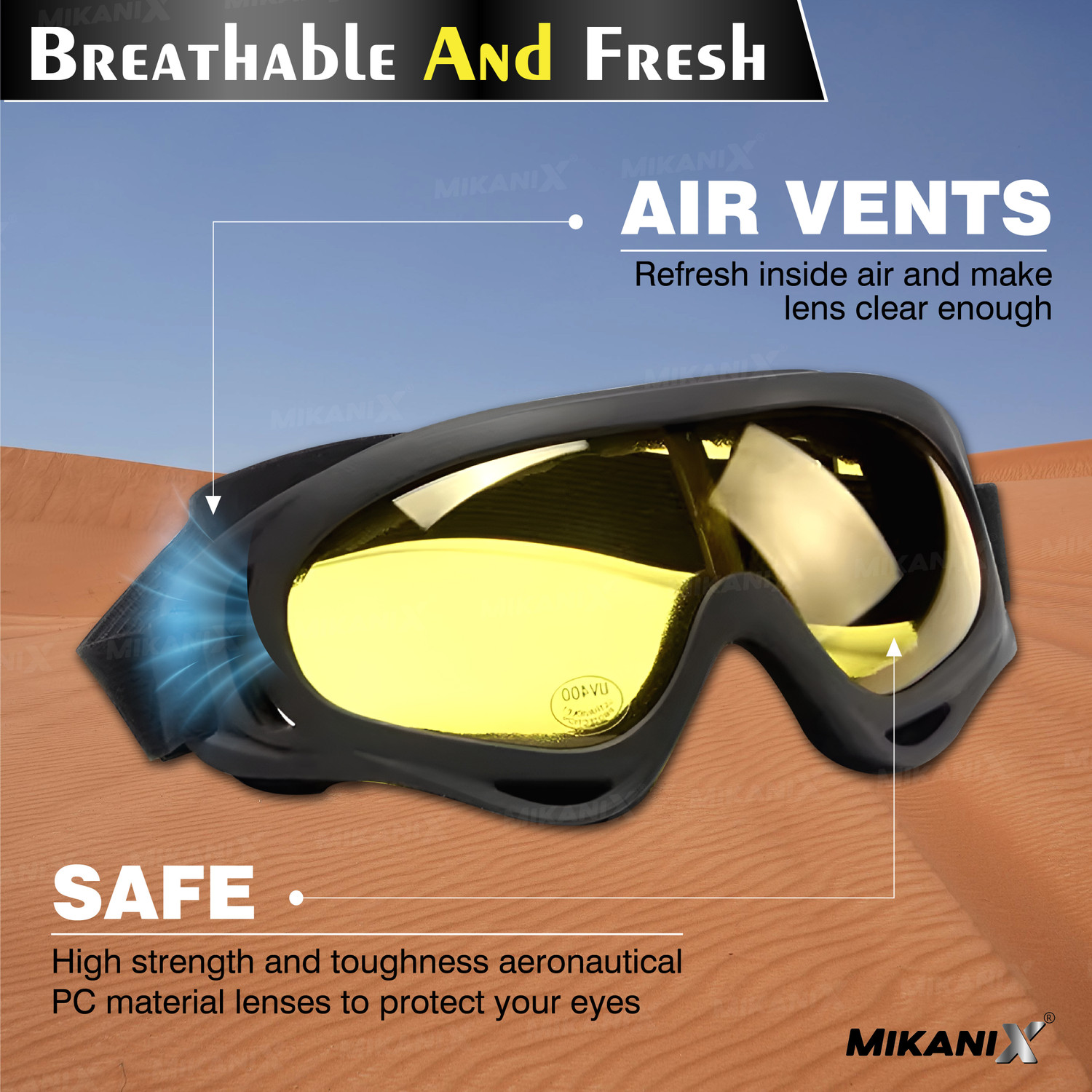 Image of MIKANIX Yellow Anti-UV Eyewear Helmet Goggles for ATV /Dirt Bike | Unisex Outdoor Riding & Power Tool Safety Goggle | Dustproof, Windproof | Pack of 1 Laboratory Safety Goggle