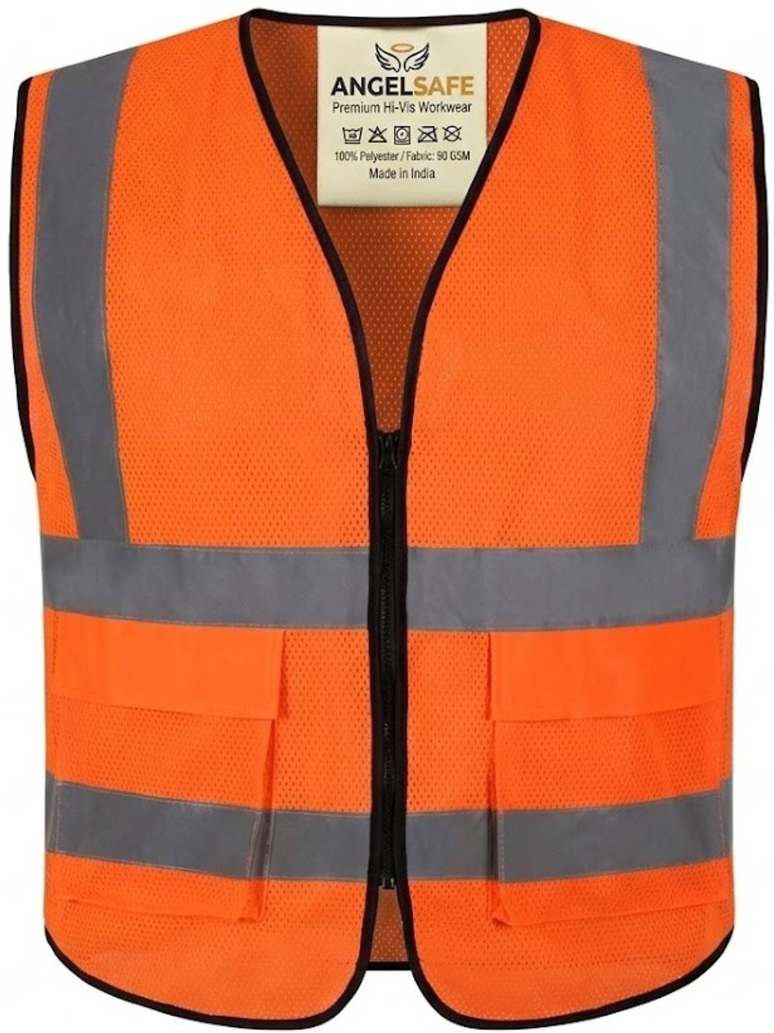 ANGELSAFE Zipper Safety Jacket Reflective Tape 90 GSM Orange Polyester Fabric 2 Pocket Safety Jacket