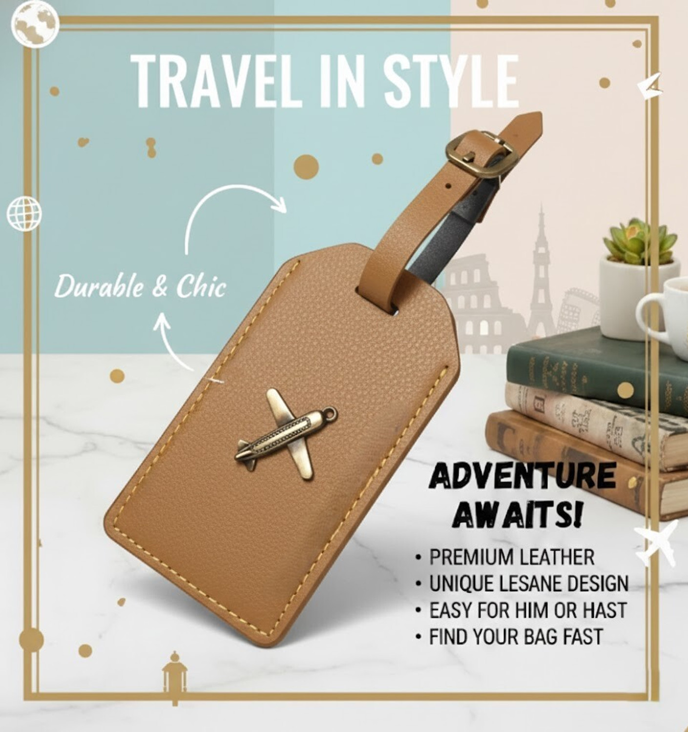 Image of THE COZY STORE Luggage Tag PU Leather Travel Bag Tag with Name Slot & Strap Luggage Tag