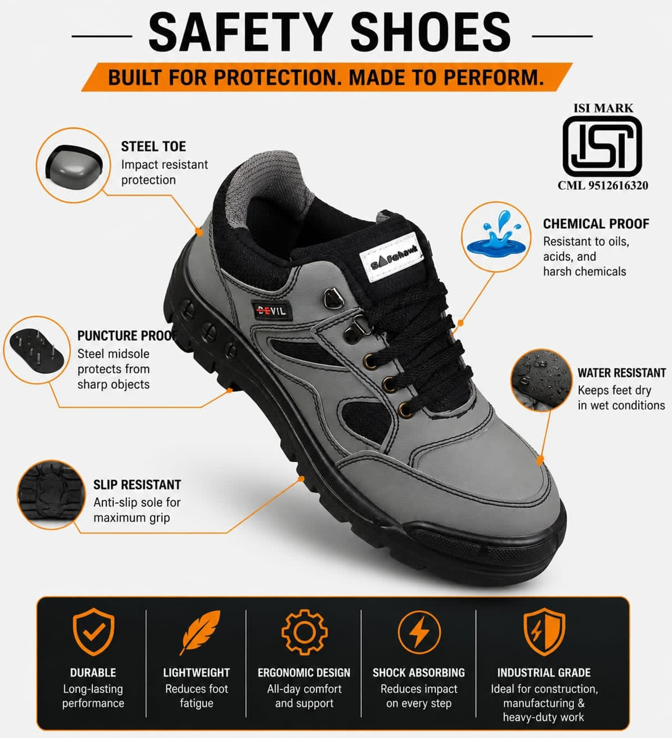 Image of Safehawk Steel Toe Leather, Synthetic Leather, PVC Safety Shoe