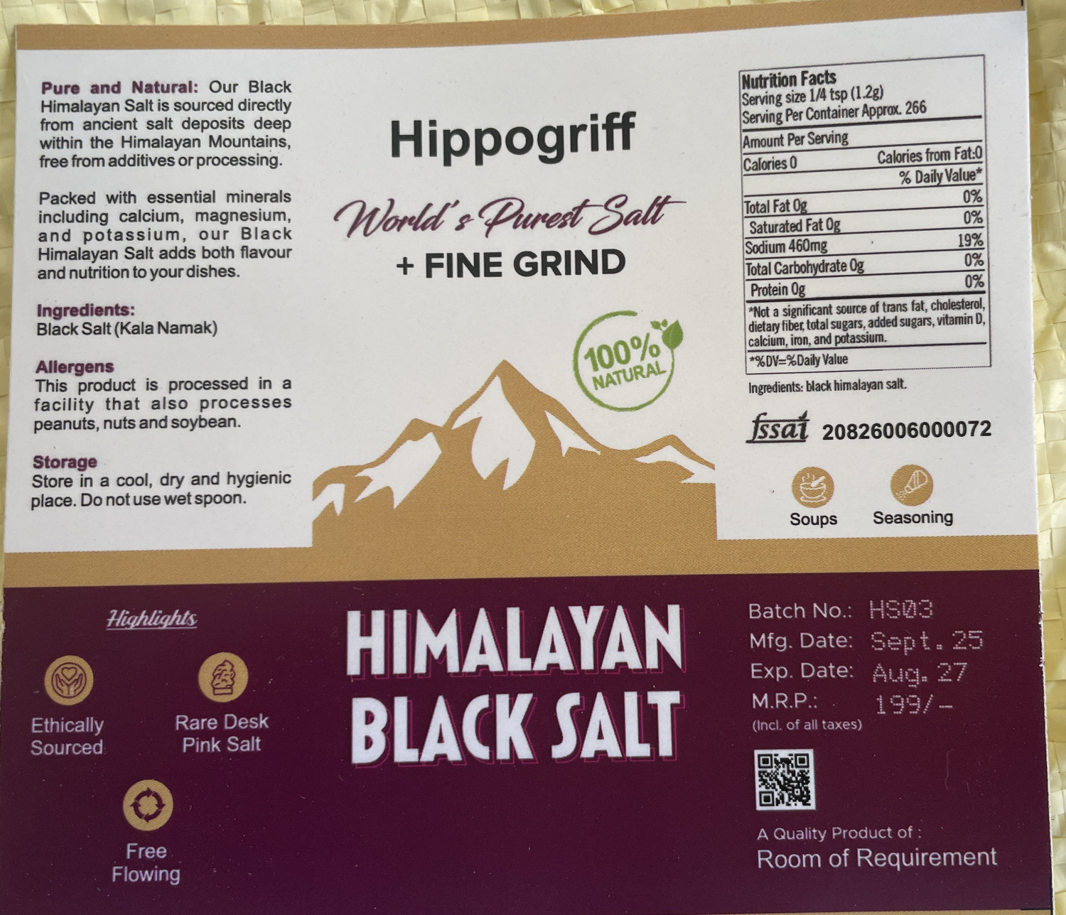 Image of HIPPOGRIFF Kala Namak Black Salt Natural Mineral Rock Salt, Strong Flavor Ideal for Cooking Black Salt