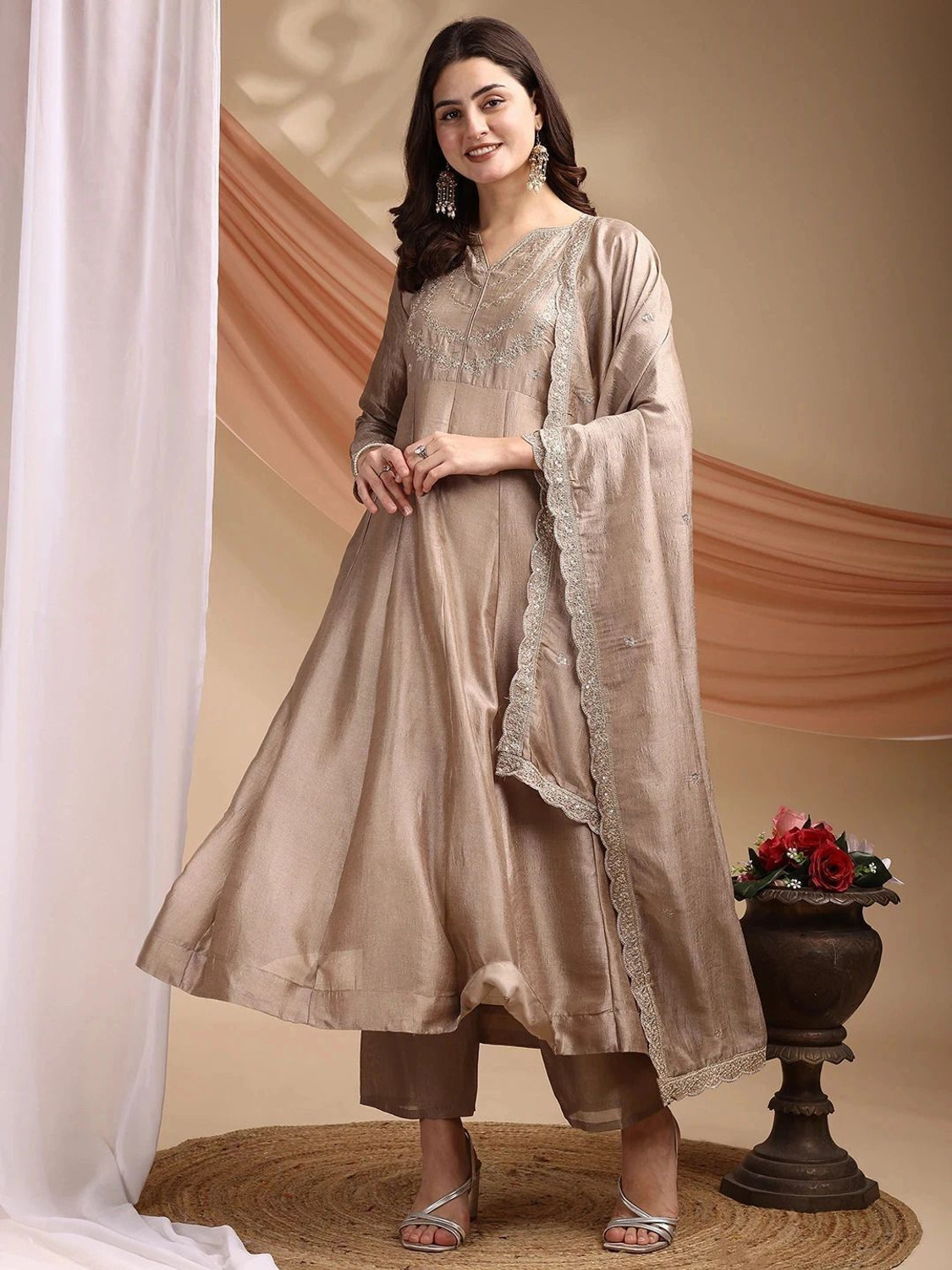 Image of OMICRON FAB Embroidered Anarkali Kurta, Bottom & Dupatta Set
