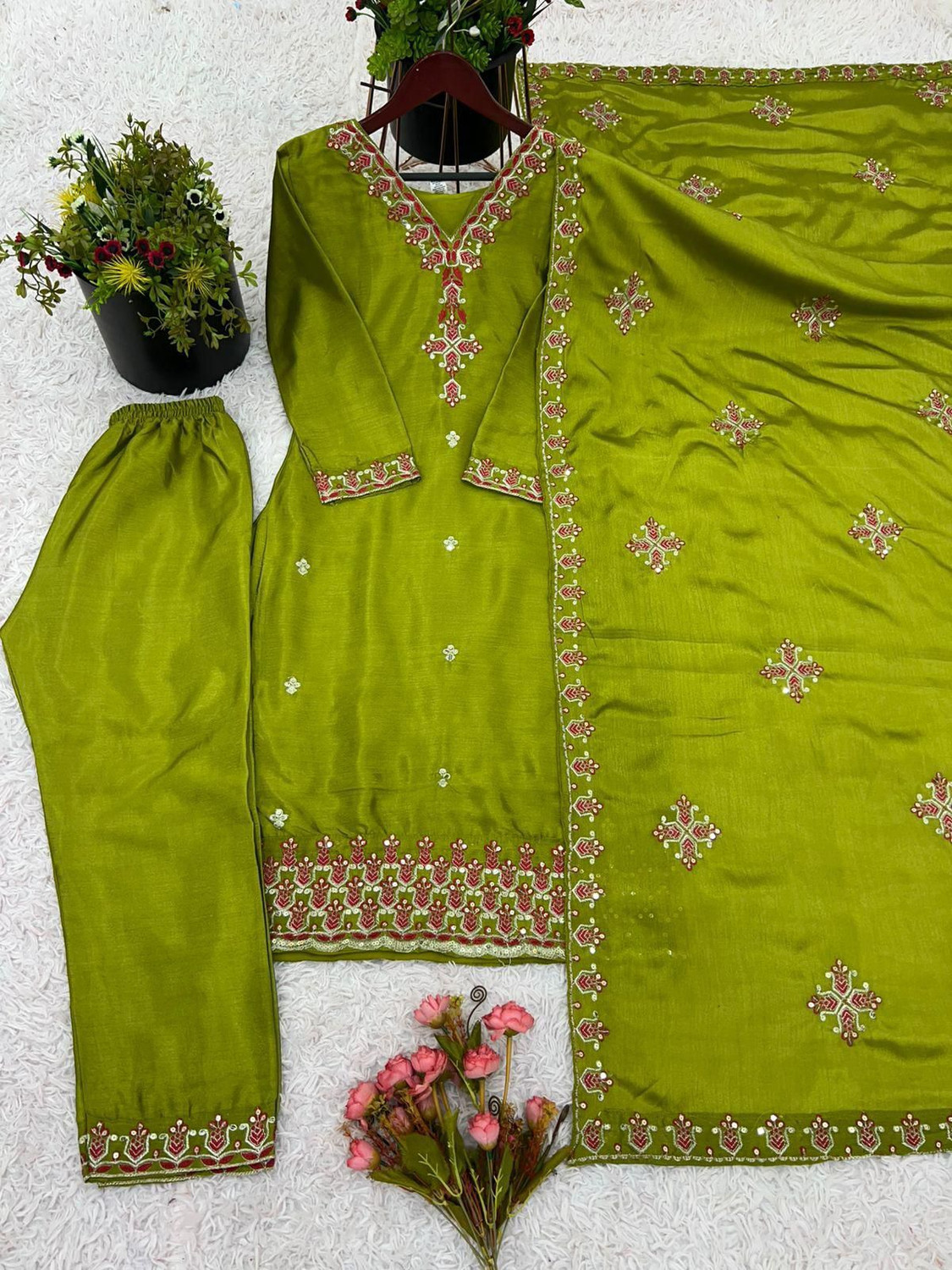 Image of Durga Ecommerce Embroidered Kurta, Palazzo & Dupatta Set