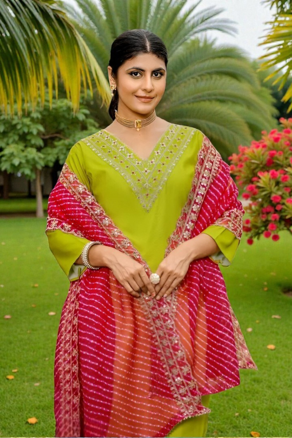 Image of DHARM CREATION Embroidered Kurta, Trouser /Pant & Dupatta Set