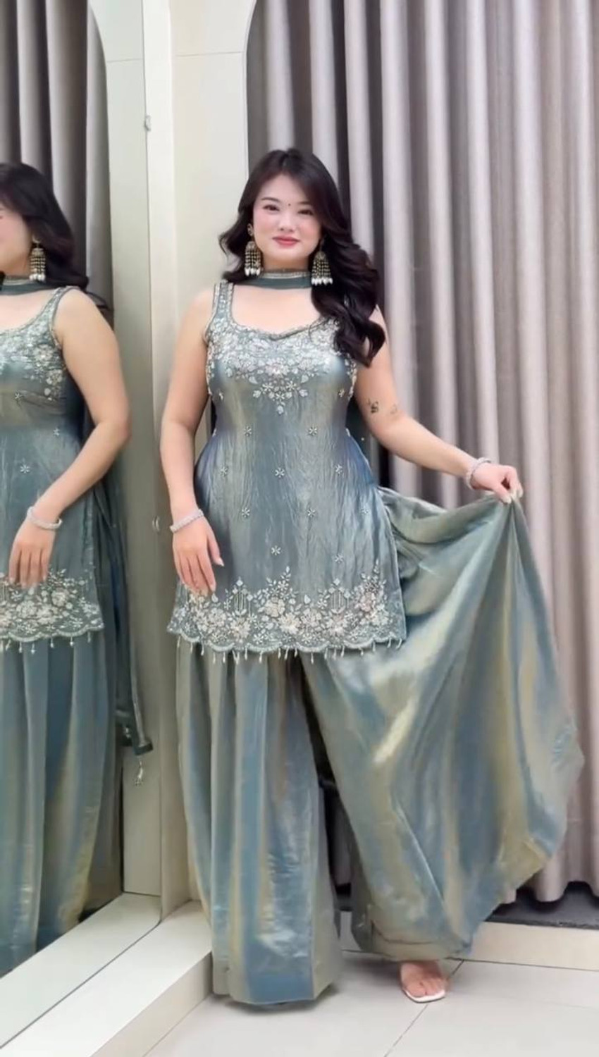 Image of BYRI Embroidered Kurta, Sharara & Dupatta Set