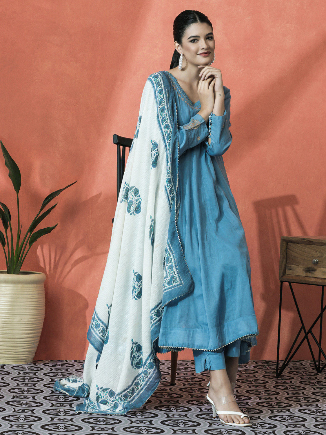 Image of Sangria Embroidered Kurta, Trouser /Pant & Dupatta Set