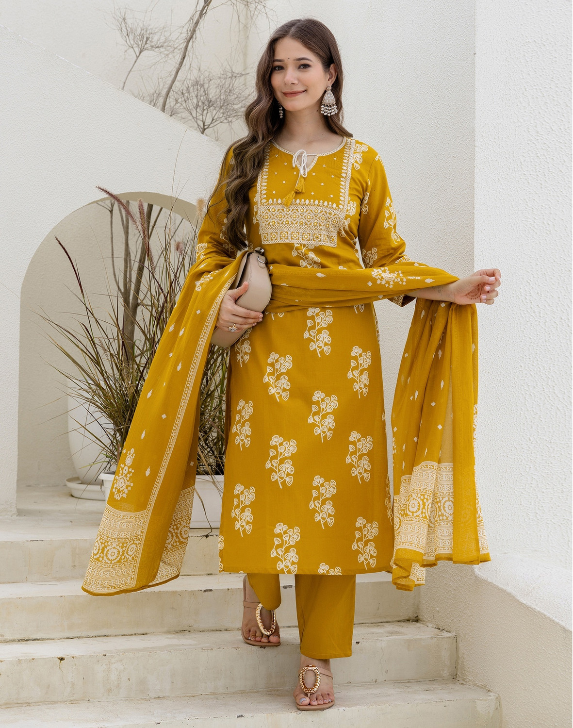 Image of Skylee Embroidered, Embellished Kurta, Trouser /Pant & Dupatta Set