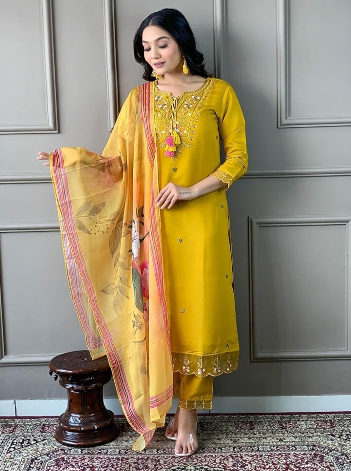 Image of ARHAMSILKMILLS Embroidered Kurta, Trouser /Pant & Dupatta Set