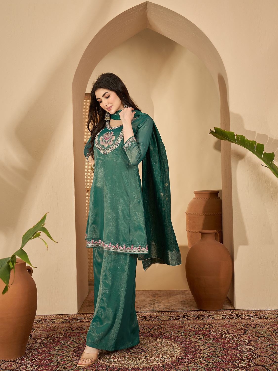 Image of Sangria Embroidered, Embellished Kurta, Palazzo & Dupatta Set