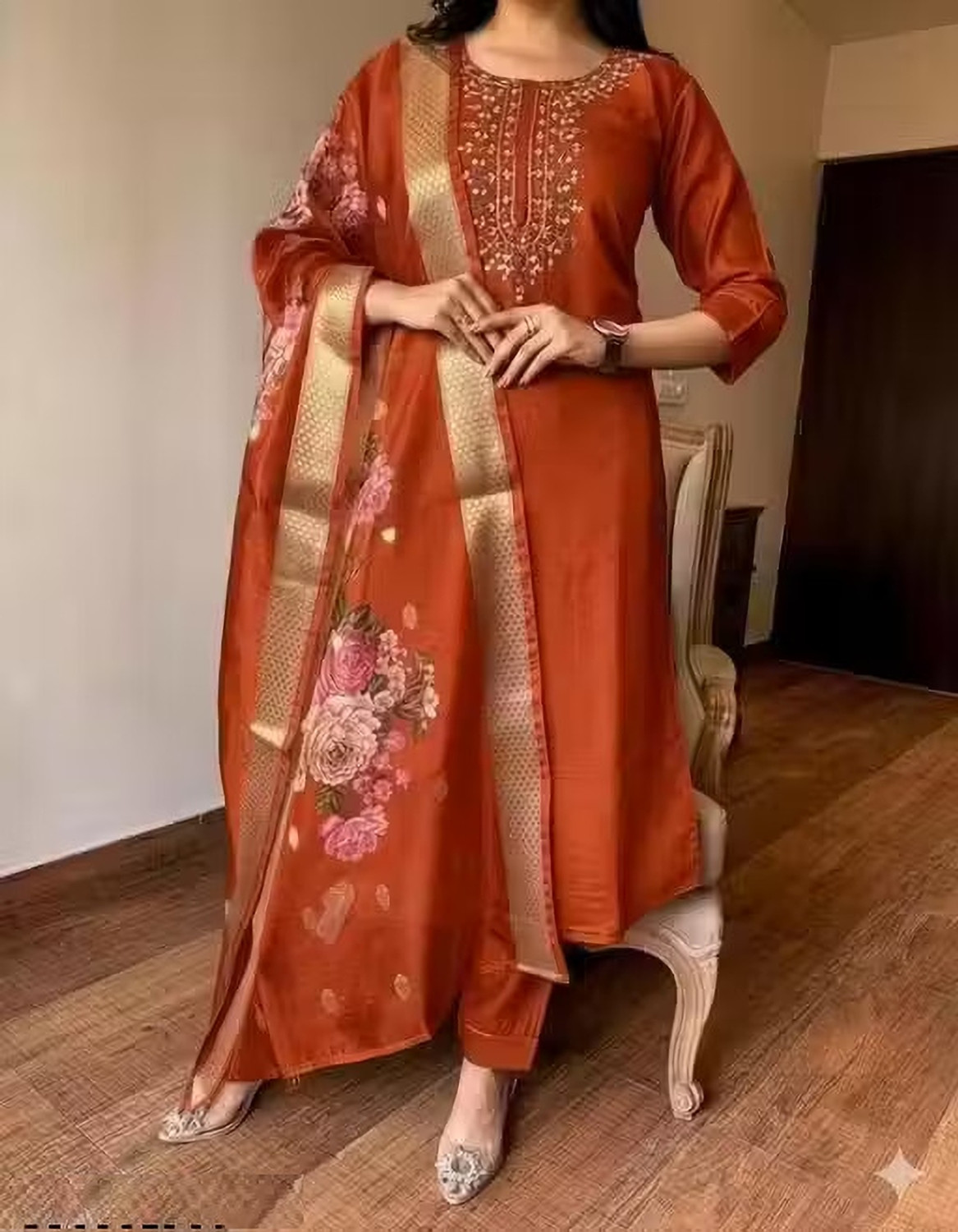 Image of KAPDEWALA Embroidered Kurta, Churidar & Dupatta Set
