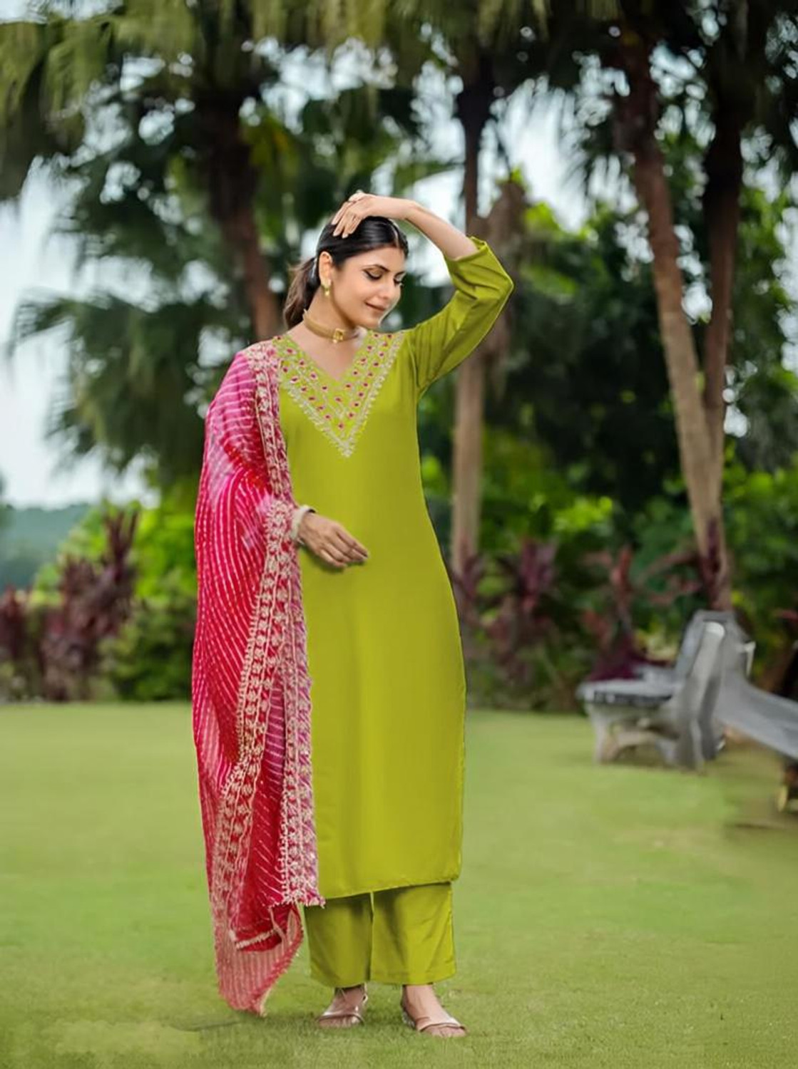 Image of DHARM CREATION Embroidered Kurta, Trouser /Pant & Dupatta Set