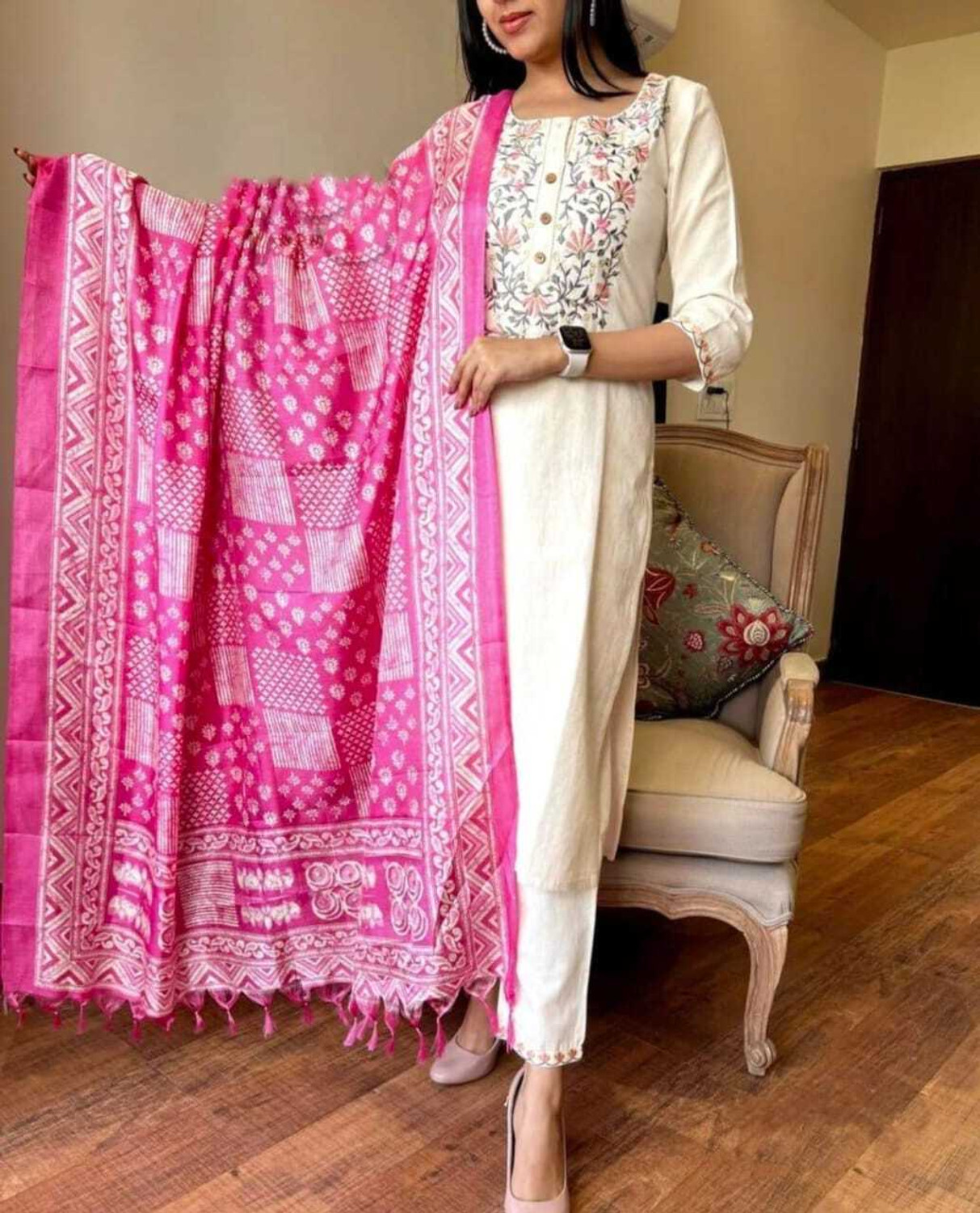 Image of Krafty Fashion Embroidered Kurta, Trouser /Pant & Dupatta Set