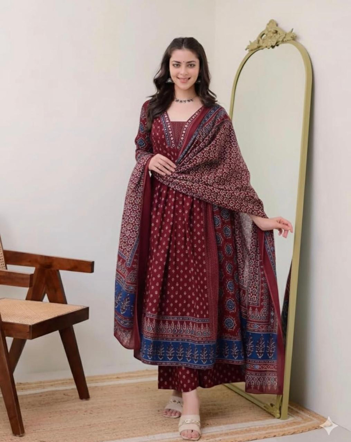 Image of fashion hour Printed Anarkali Kurta, Bottom & Dupatta Set