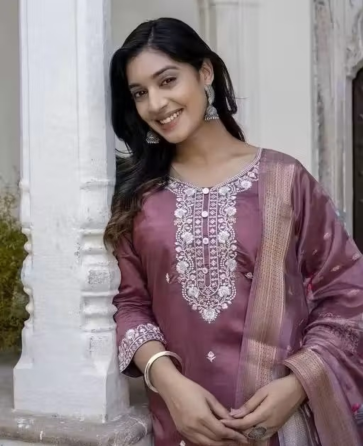 Image of KrishnaTax Embroidered Kurta, Palazzo & Dupatta Set