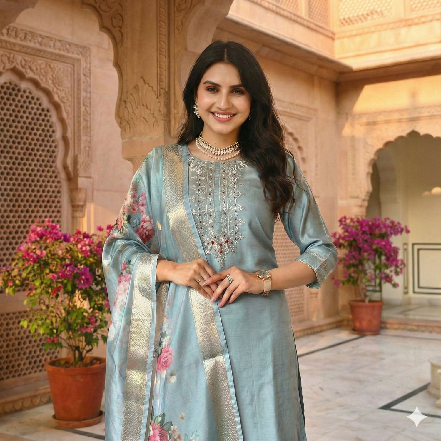 Image of Petromen Embroidered Kurta, Salwar & Dupatta Set
