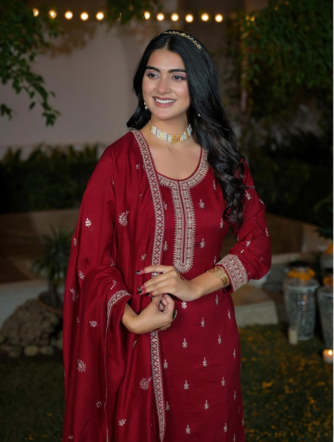 Skylee Embroidered, Embellished Kurta, Trouser/Pant & Dupatta Set