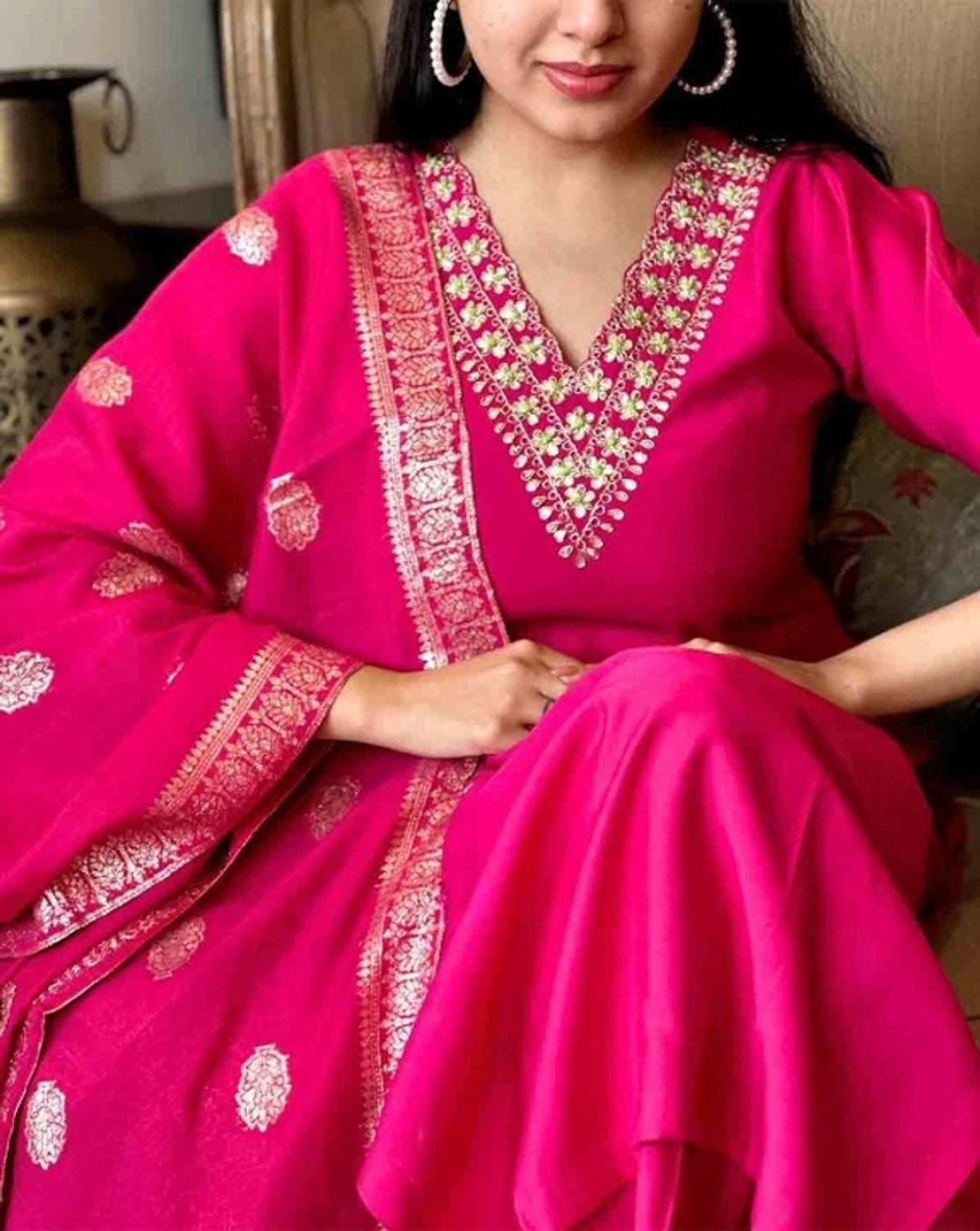 Image of FORENCIA Embroidered Anarkali Kurta, Bottom & Dupatta Set
