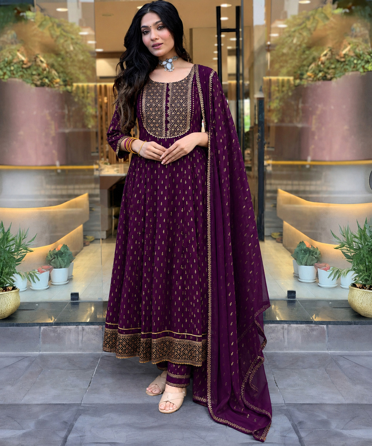 Image of Queens Fab Printed, Embroidered Anarkali Kurta, Bottom & Dupatta Set