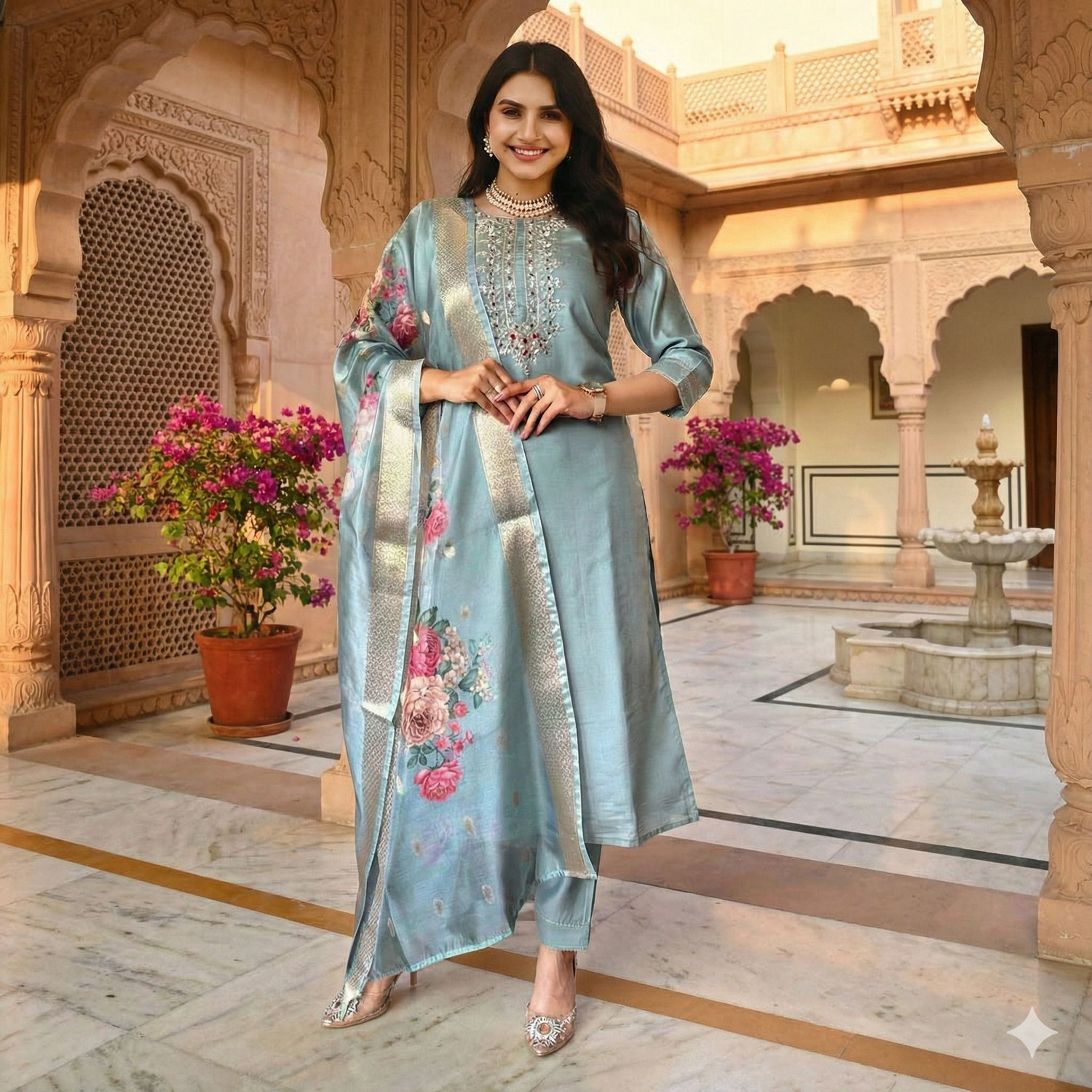 Image of Petromen Embroidered Kurta, Salwar & Dupatta Set