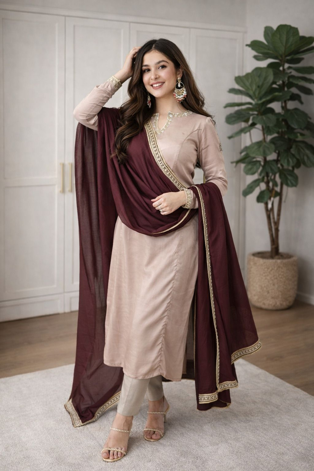 Image of Tantukriti Embroidered Kurta, Trouser /Pant & Dupatta Set