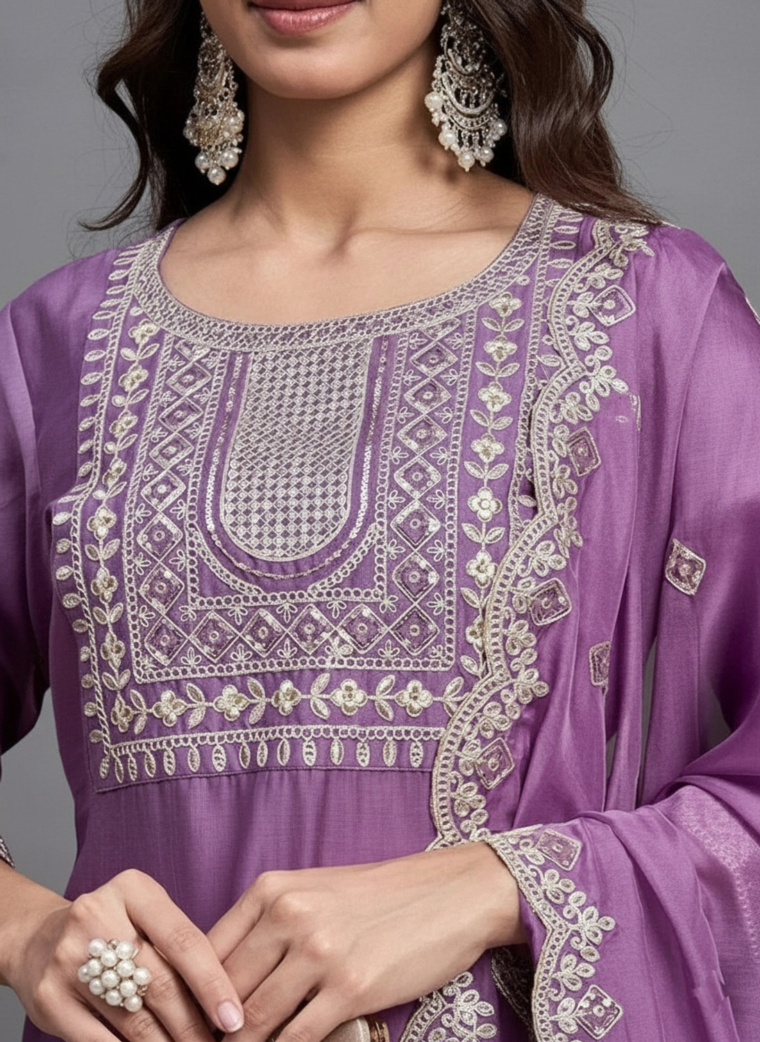 Image of TARUNIPOSHAK Embroidered Kurta, Churidar & Dupatta Set