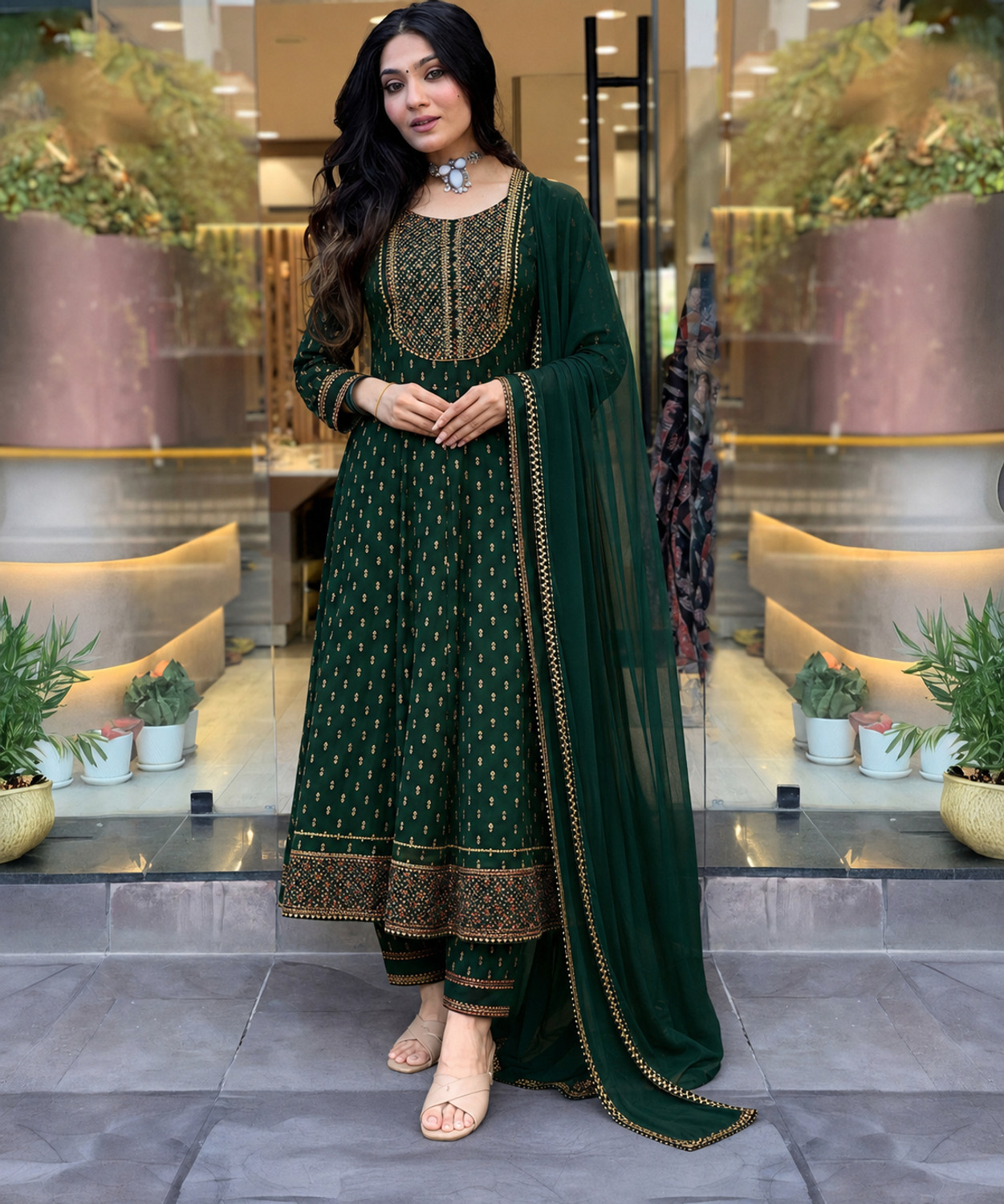 Image of Queens Fab Printed, Embroidered Anarkali Kurta, Bottom & Dupatta Set