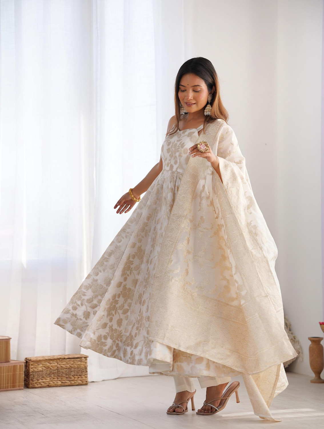 Image of KURTIBELLA Printed Anarkali Kurta, Bottom & Dupatta Set