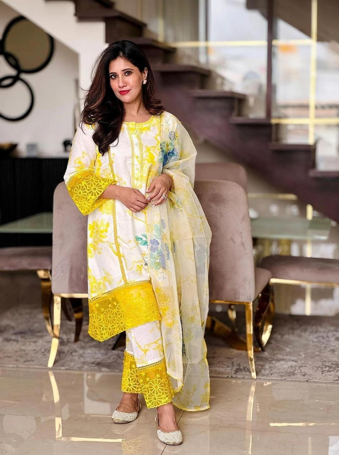 Image of Royal Export Embroidered, Floral Print Kurta, Trouser /Pant & Dupatta Set