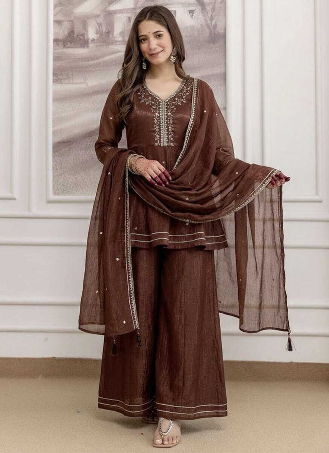 Image of KALKI COLLECTION Embroidered Kurta, Palazzo & Dupatta Set