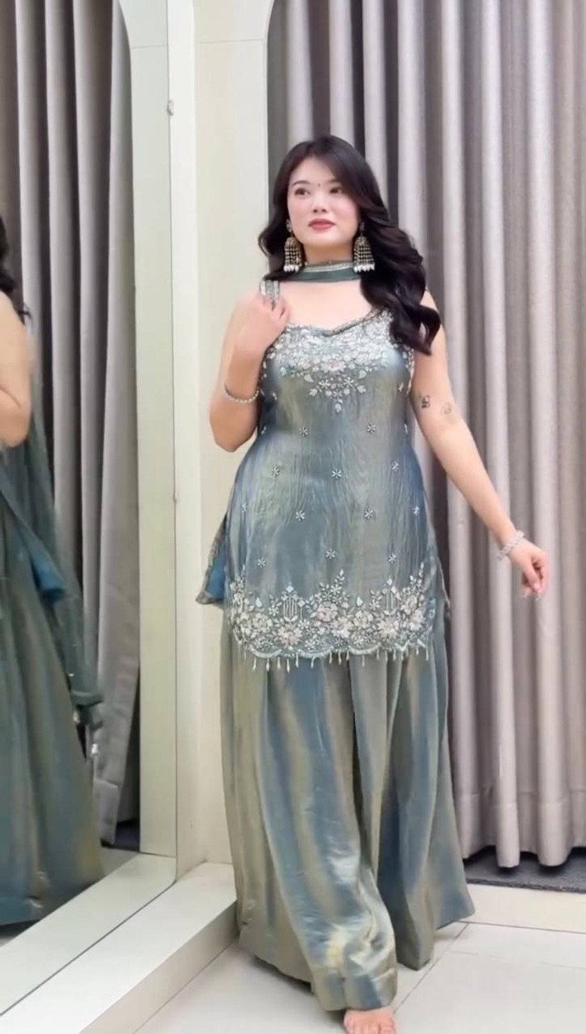 Image of BYRI Embroidered Kurta, Sharara & Dupatta Set